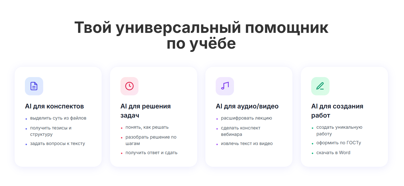 Информационная графика с четырьмя блоками о применении искусственного интеллекта для учебы, включающая конспекты, решение задач, аудио/видео и создание работ.