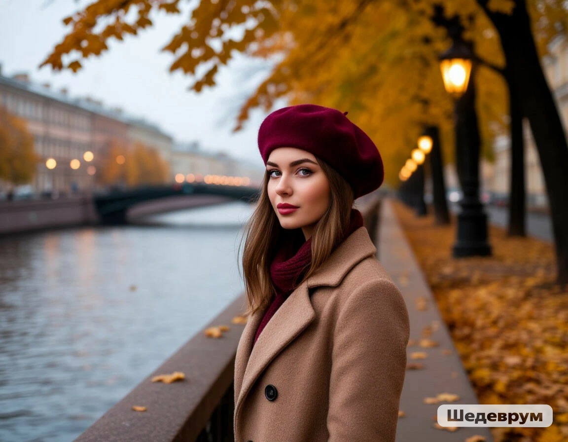 Девушка в бежевом пальто и бордовом берете стоит на набережной осеннего города.