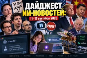 Коллаж с известными личностями, роботами и символами ИИ, представляющий дайджест новостей ИИ с 11 по 17 сентября 2026 года.