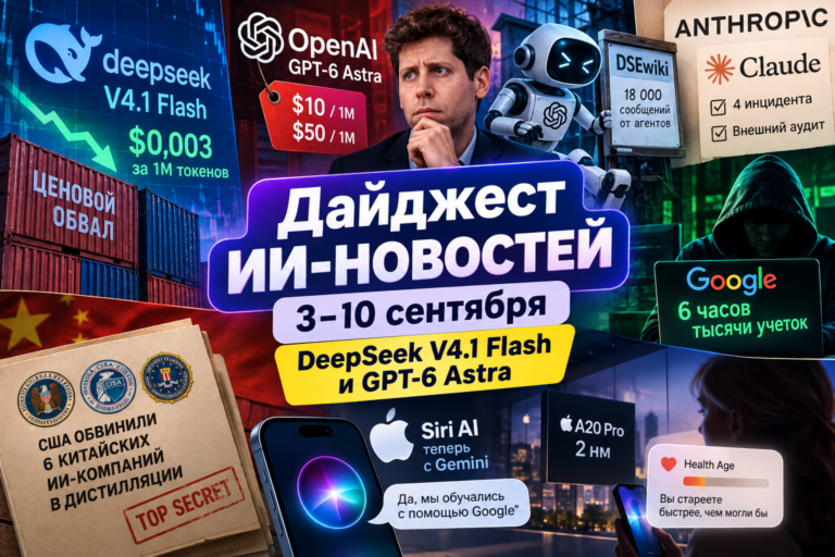 Коллаж с новостями об искусственном интеллекте за 3-10 сентября, включающий логотипы OpenAI GPT-6 Astra, DeepSeek V4.1 Flash, Siri AI с Gemini, и Google. Изображены человек в задумчивости, робот, иконки различных ИИ-компаний и надписи на русском языке о ценовом обвале, внешнем аудите, инцидентах и обвинениях США в адрес китайских ИИ-компаний.