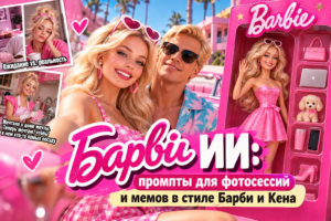 Женщина и мужчина в стиле Барби и Кена на ярком розовом фоне с куклой Барби в упаковке, мемами и надписями на русском языке.