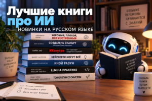 Стопка книг на русском языке о искусственном интеллекте рядом с маленьким роботом, который читает книгу, на деревянном столе в уютной комнате с растениями и лампой.