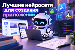Робот за ноутбуком разрабатывает приложения с использованием нейросетей, рядом показаны иконки операционных систем и интерфейсы программ.
