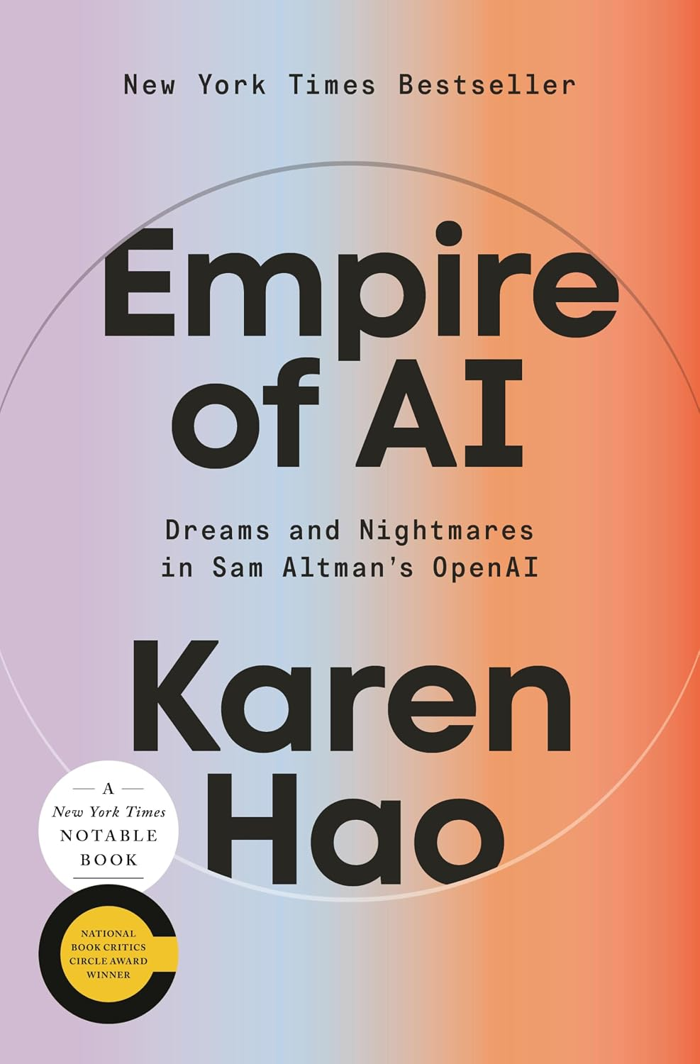 Обложка книги Empire of AI автора Карен Хао с градиентным фоном от пурпурного к оранжевому.
