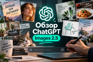 Обзор ChatGPT Images 2.5 с изображениями, демонстрирующими возможности генерации и редактирования изображений, с изображением кота, камина и чашки с надписью.