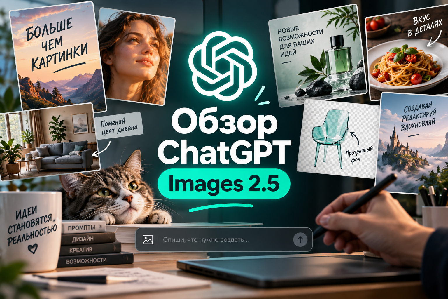 Обзор ChatGPT Images 2.5 с изображениями, демонстрирующими возможности генерации и редактирования изображений, с изображением кота, камина и чашки с надписью.