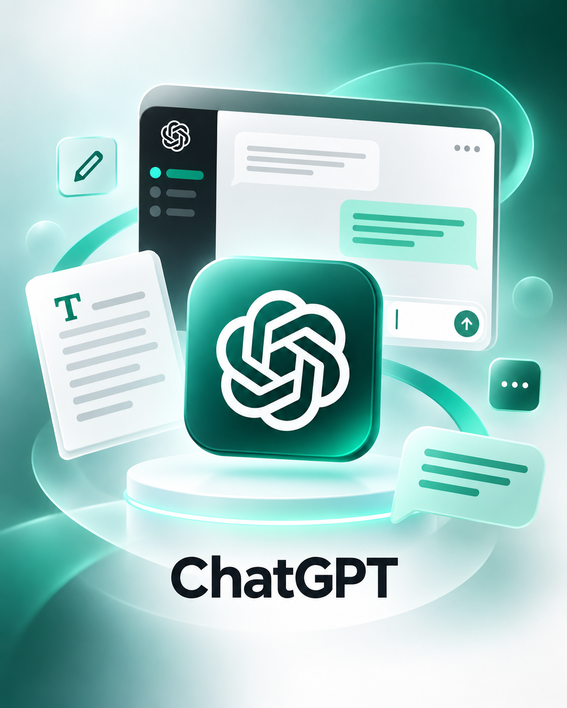Иконка ChatGPT на фоне интерфейса чата с сообщениями и элементами текстового редактора в зеленых и белых тонах.