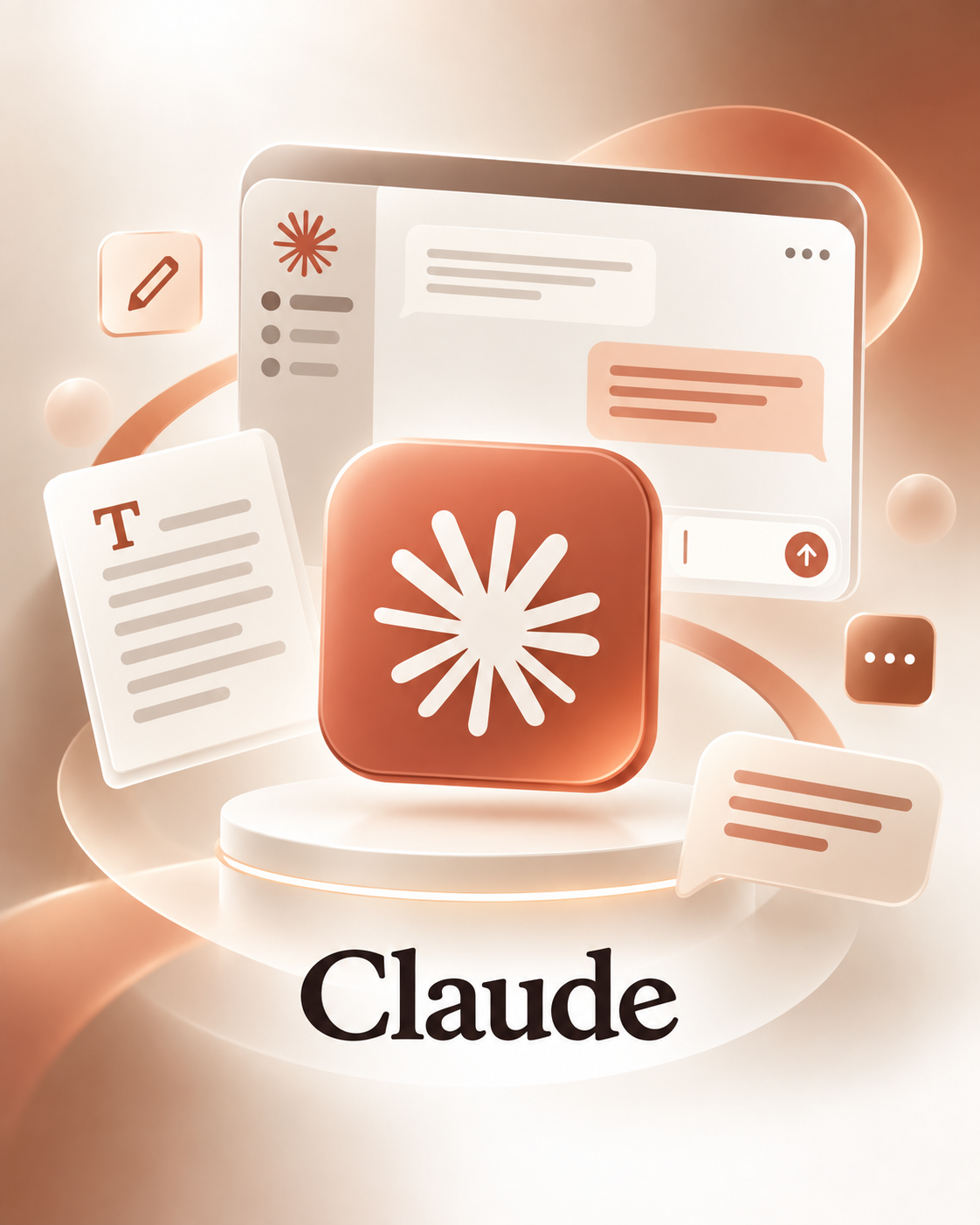 Логотип Claude с элементами интерфейса текстового редактора и чата на фоне в теплых тонах.