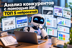 Робот с ноутбуком анализирует конкурентов с помощью ИИ, отображены экраны с веб-сайтами, ценами, рекламой, отзывами и SWOT-анализом.