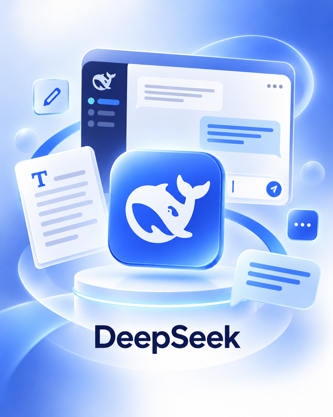 Логотип и интерфейс приложения DeepSeek с синими и белыми элементами и иконками текста и чата.