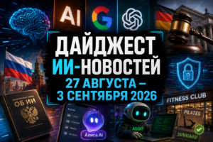 Коллаж, иллюстрирующий новости и события в области искусственного интеллекта с 27 августа по 3 сентября 2026 года, включающий символы AI, логотипы Google и OpenAI, российский флаг и Федеральный закон об ИИ, немецкий флаг с судейским молотком, изображение робота с надписью AGENT, значок безопасности и упоминание фитнес клуба и пилатеса.