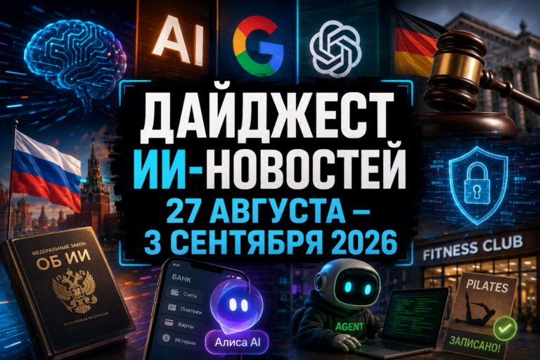 Коллаж, иллюстрирующий новости и события в области искусственного интеллекта с 27 августа по 3 сентября 2026 года, включающий символы AI, логотипы Google и OpenAI, российский флаг и Федеральный закон об ИИ, немецкий флаг с судейским молотком, изображение робота с надписью AGENT, значок безопасности и упоминание фитнес клуба и пилатеса.