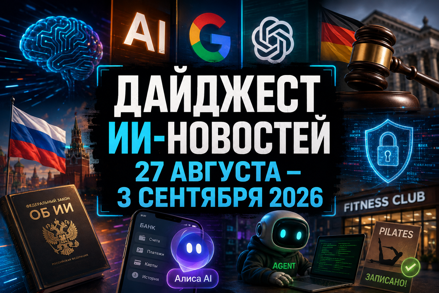 Коллаж, иллюстрирующий новости и события в области искусственного интеллекта с 27 августа по 3 сентября 2026 года, включающий символы AI, логотипы Google и OpenAI, российский флаг и Федеральный закон об ИИ, немецкий флаг с судейским молотком, изображение робота с надписью AGENT, значок безопасности и упоминание фитнес клуба и пилатеса.