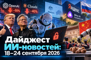 Коллаж с изображением Дональда Трампа, Сувана, робота с логотипами OpenAI и Google, а также элементов, связанных с ИИ, новостями и снижением цен на OpenAI и Claude, фоне зданий с флагами России и Китая и университетскими выпускниками.
