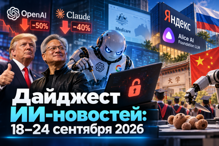 Коллаж с изображением Дональда Трампа, Сувана, робота с логотипами OpenAI и Google, а также элементов, связанных с ИИ, новостями и снижением цен на OpenAI и Claude, фоне зданий с флагами России и Китая и университетскими выпускниками.