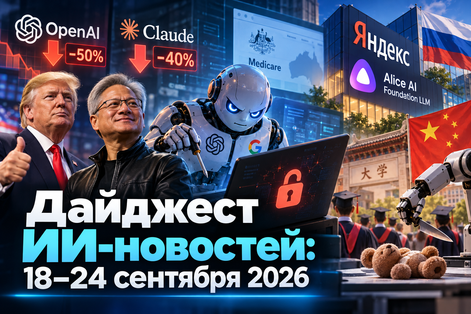 Коллаж с изображением Дональда Трампа, Сувана, робота с логотипами OpenAI и Google, а также элементов, связанных с ИИ, новостями и снижением цен на OpenAI и Claude, фоне зданий с флагами России и Китая и университетскими выпускниками.