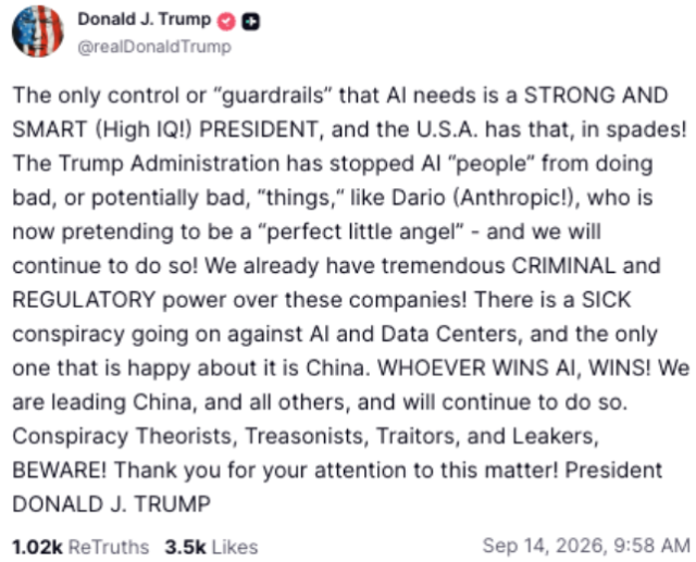Скриншот твита Дональда Трампа о необходимости сильного и умного президента для контроля ИИ.