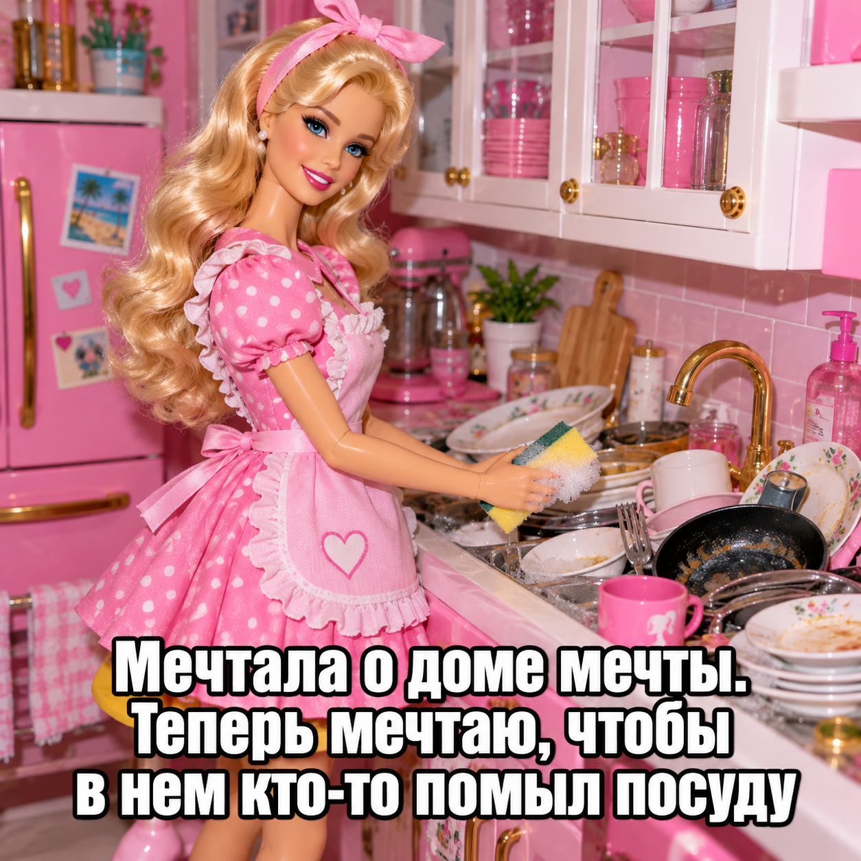 Кукла в розовом платье и фартуке моет посуду в розовой кухне.