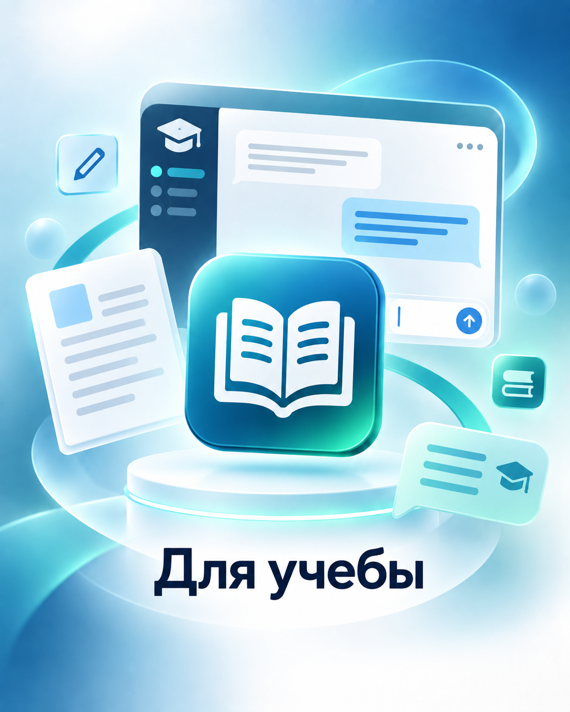 Интерфейс обучающего приложения с иконками книги, сообщений и документа на голубом фоне.