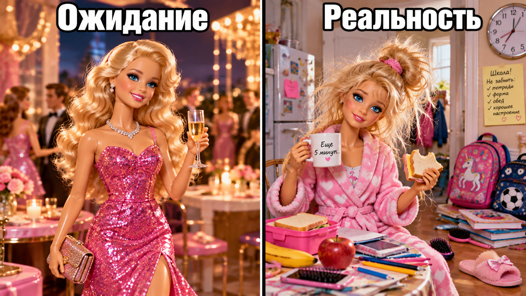 Сравнение ожидания и реальности с куклой Барби: слева - элегантная Барби на вечеринке в блестящем розовом платье, справа - взъерошенная Барби в домашнем халате с чашкой и бутербродом.