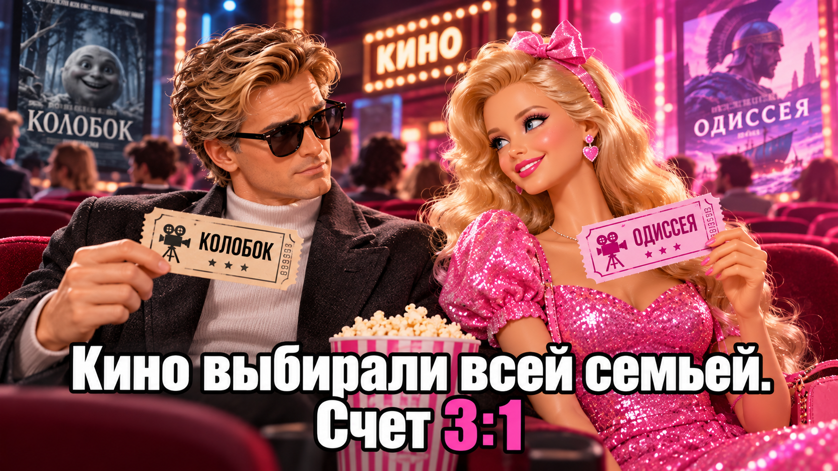 Мужчина и женщина в кинотеатре держат билеты на фильмы 'Колобок' и 'Одиссея' соответственно, сидят рядом с ведром попкорна, на заднем плане яркие киноафиши и надпись 'КИНО'.