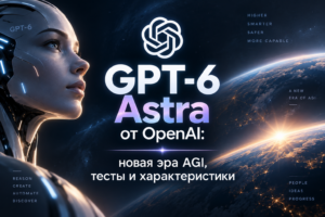 Реалистичное изображение андроида с надписью GPT-6 Astra от OpenAI на фоне земного шара и космоса.