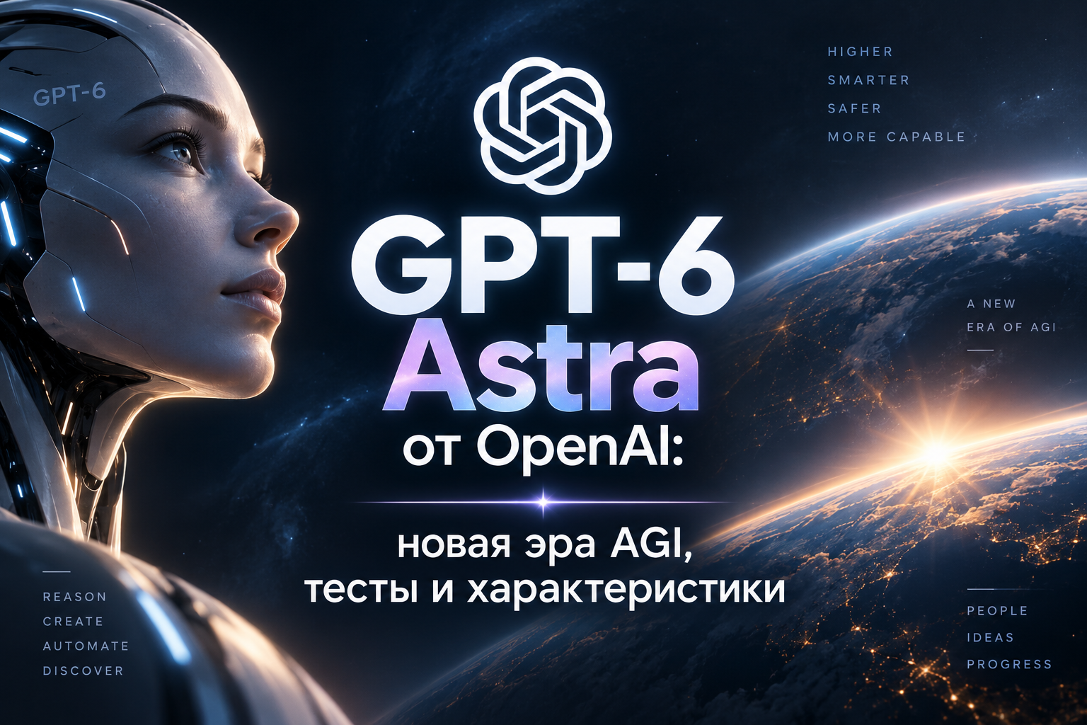 Реалистичное изображение андроида с надписью GPT-6 Astra от OpenAI на фоне земного шара и космоса.