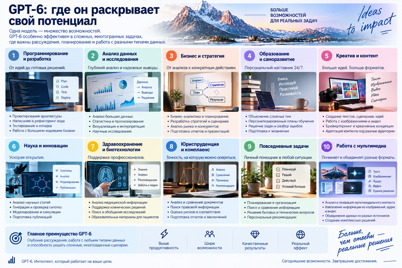 Инфографика о потенциале GPT-6 с описанием 10 областей применения, таких как программирование, анализ данных, бизнес, образование, креатив, наука, здравоохранение, юриспруденция, повседневные задачи и мультимедиа.