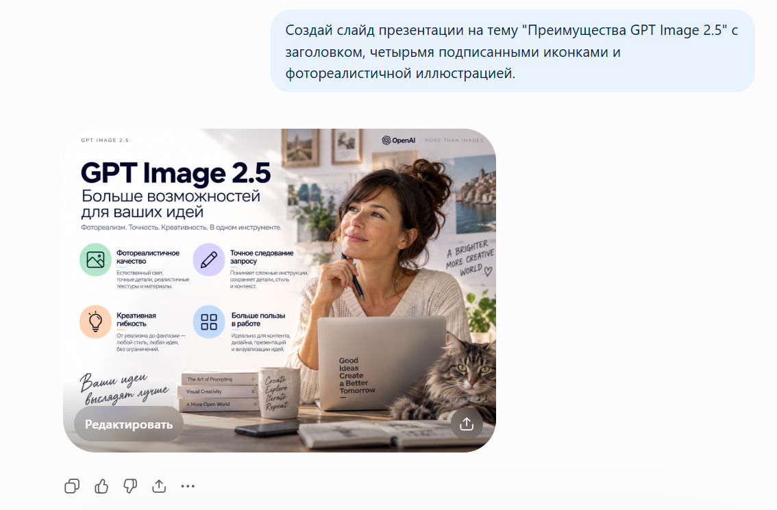 Женщина с ноутбуком и котом, демонстрирующая преимущества GPT Image 2.5 с четырьмя иконками и подписями о фотореалистическом качестве, точном следовании запросу, креативной гибкости и большей пользе в работе.