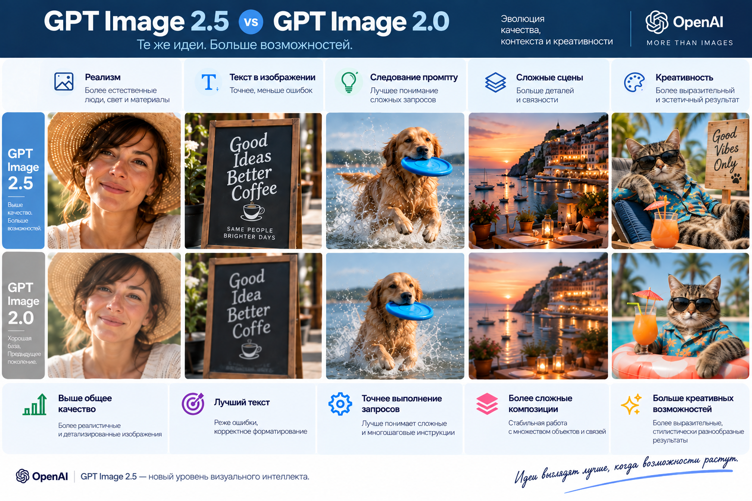 Сравнительная таблица возможностей GPT Image 2.5 и GPT Image 2.0 с примерами реалистичных изображений, текста на доске, живой собаки с голубым диском, пейзажем на закате и креативным котом в очках.
