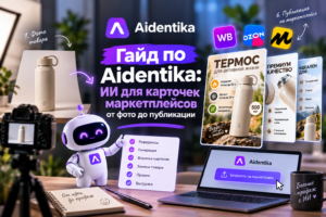 Информационный постер с роботом, камерой и ноутбуком, объясняющий гайд по AI инструменту Aidentika для маркетплейсов с примером карточки товара с термосом.