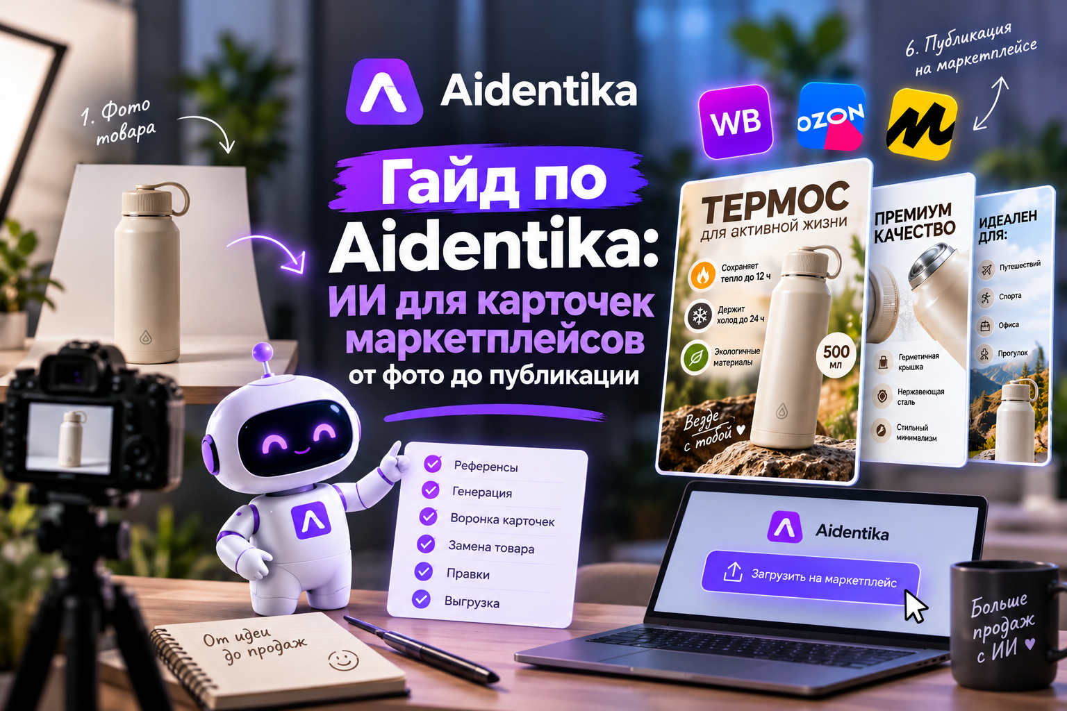 Информационный постер с роботом, камерой и ноутбуком, объясняющий гайд по AI инструменту Aidentika для маркетплейсов с примером карточки товара с термосом.