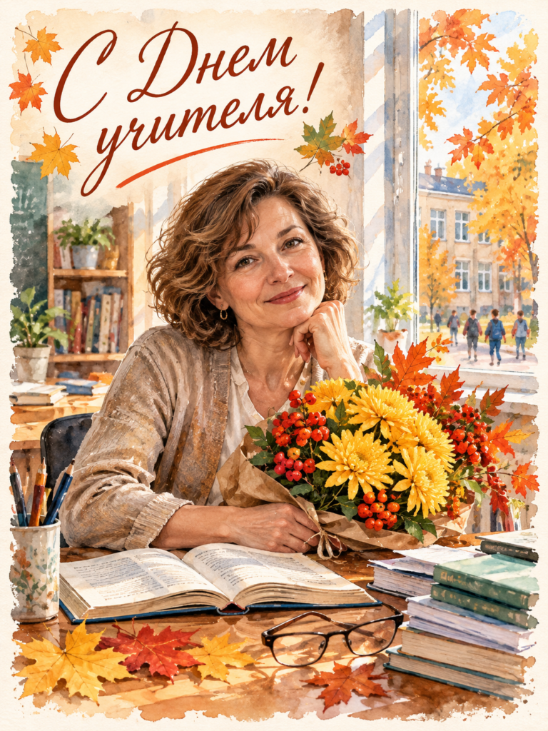 Учительница с букетом цветов на столе с осенними листьями и книгами в светлом кабинете