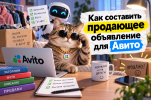Красивая кот в солнечных очках и золотой цепочке сидит за столом с ноутбуком Avito, рядом робот с листом бумаги и надписями о создании продающего объявления.