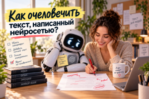 Женщина и робот редактируют текст вместе, робот выглядит задумчиво, на столе книги с надписями идеи, опыт, эмоции, живой язык.