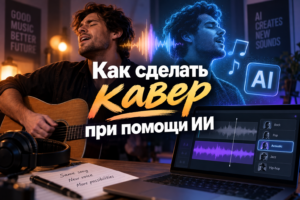 Молодой человек играет на гитаре и поет, рядом изображение цифрового голоса с ИИ технологиями и ноутбук с музыкальным редактором.