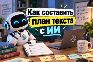 Робот с логотипом OpenAI за столом с ноутбуком и блокнотом, на котором написан план текста. На фоне крупный текст "Как составить план текста с ИИ".