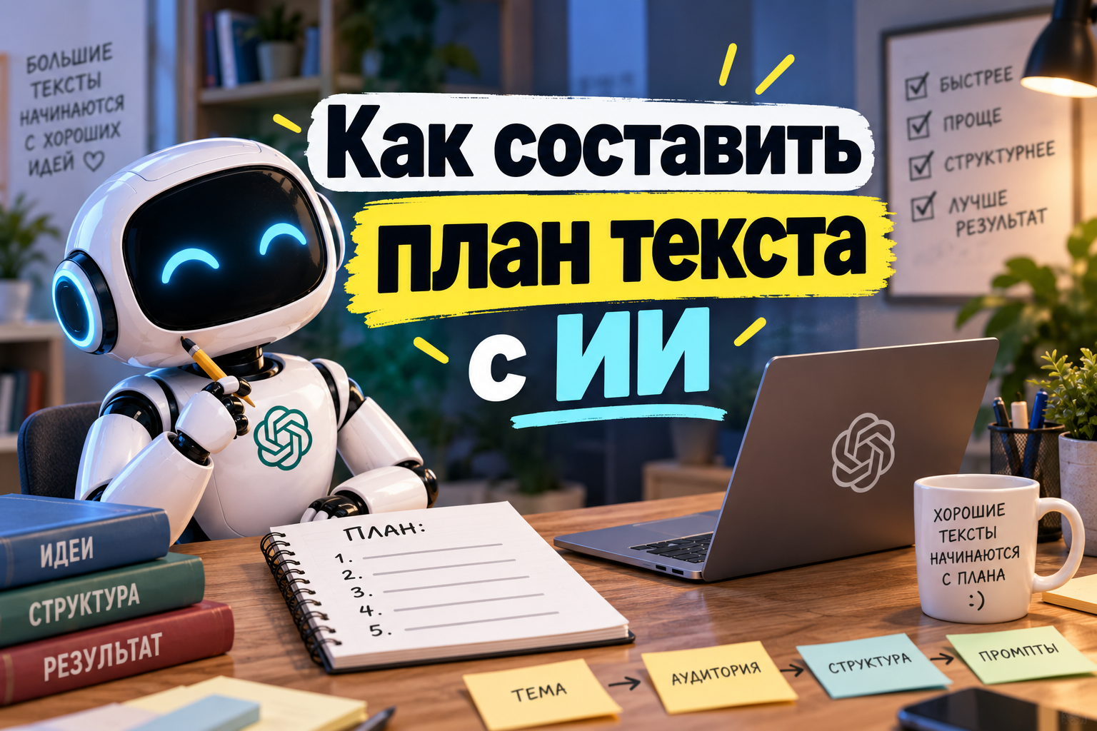 Робот с логотипом OpenAI за столом с ноутбуком и блокнотом, на котором написан план текста. На фоне крупный текст "Как составить план текста с ИИ".