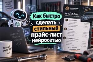 Робот у ноутбука с прайс-листом автосервиса на столе, текст о создании стильного прайс-листа с нейросетью.