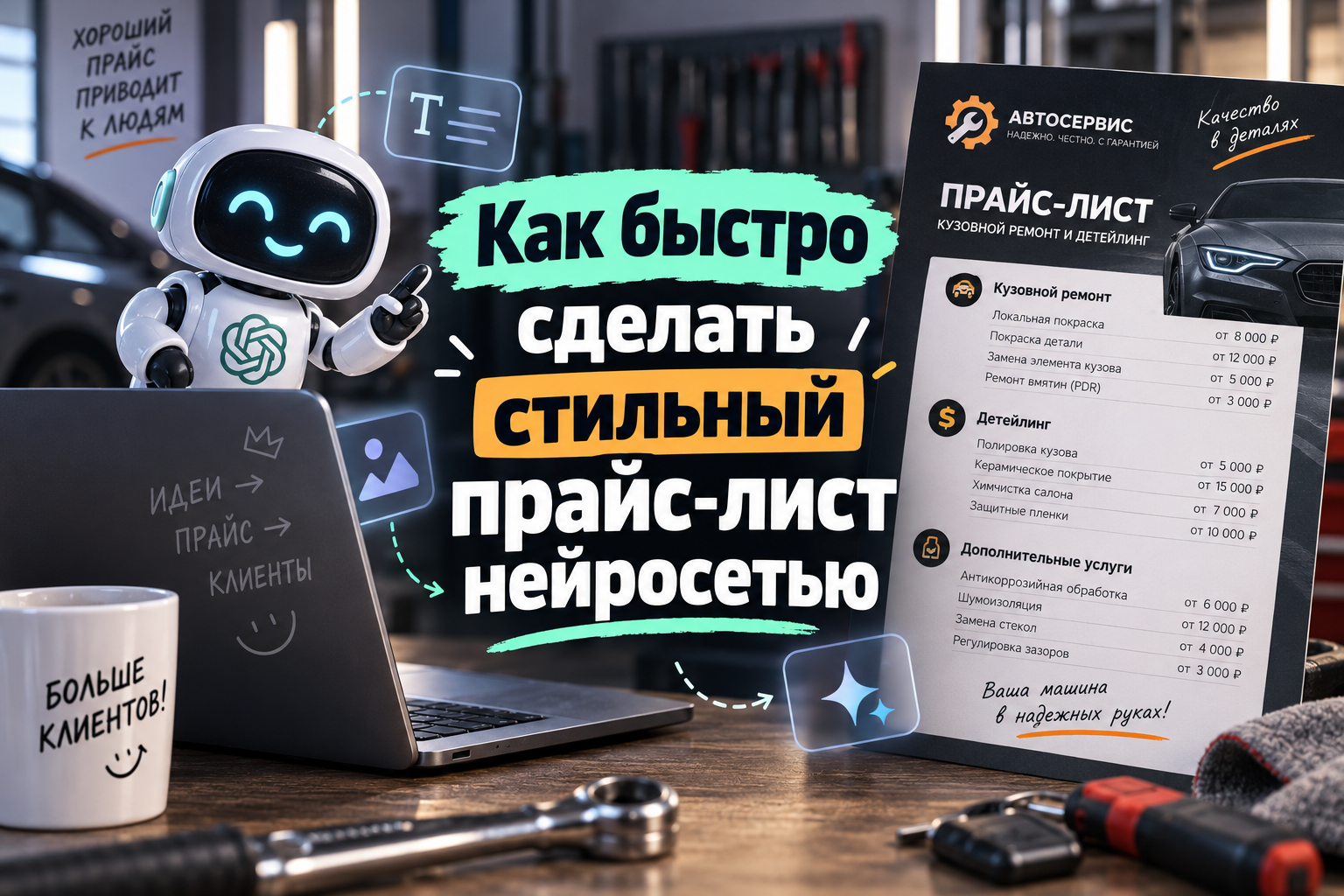 Робот у ноутбука с прайс-листом автосервиса на столе, текст о создании стильного прайс-листа с нейросетью.
