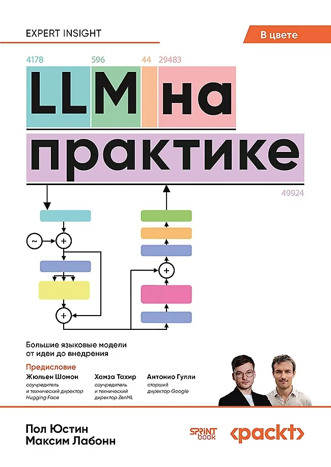 Обложка книги на русском языке с заголовком "LLM на практике", иллюстрирующая схему больших языковых моделей и фотографии авторов.