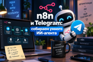 Изображение с роботом, держащим логотип Telegram, ноутбуком с диаграммой процесса AI агента на экране и надписями на русском языке о сборке умного ИИ-агента с помощью n8n и Telegram.