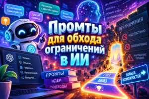 Иллюстрация с роботом и ноутбуком, показывающим советы и методы обхода ограничений в искусственном интеллекте, с яркими цветами и футуристическим стилем.