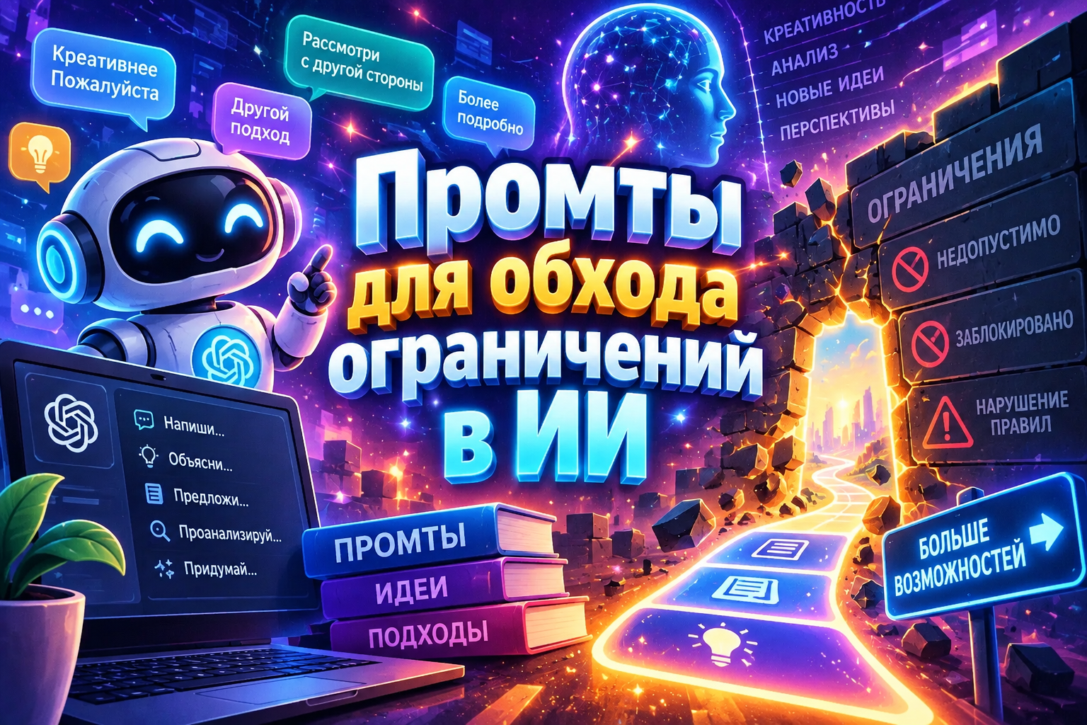 Иллюстрация с роботом и ноутбуком, показывающим советы и методы обхода ограничений в искусственном интеллекте, с яркими цветами и футуристическим стилем.