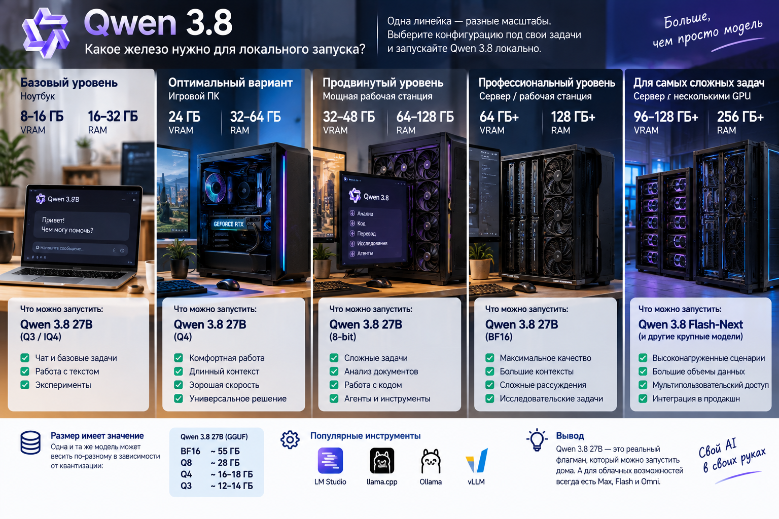Инфографика с рекомендациями по железу для локального запуска модели Qwen 3.8 с различными уровнями от ноутбука до серверов с несколькими GPU.
