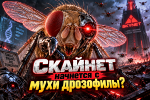 Кибернетическая муха-дрозофила с красным глазом и металлическими частями на фоне разрушенного города и башни с надписью Skynet.