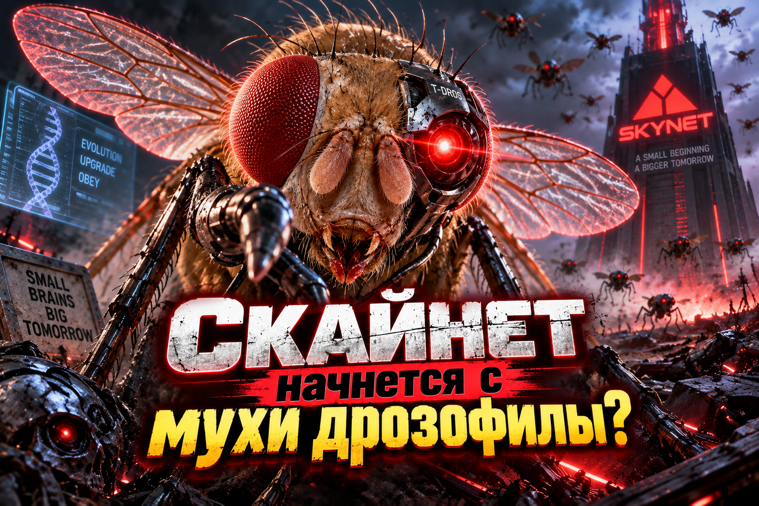 Кибернетическая муха-дрозофила с красным глазом и металлическими частями на фоне разрушенного города и башни с надписью Skynet.