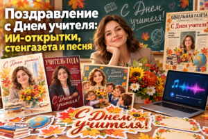 Женщина-учитель в классе с поздравлениями к Дню учителя, включая открытки, стенгазету и ноутбук с музыкой.