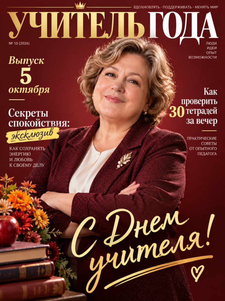 Портрет улыбающейся женщины среднего возраста на обложке журнала Учитель года, октябрьский выпуск с поздравлением с Днём учителя