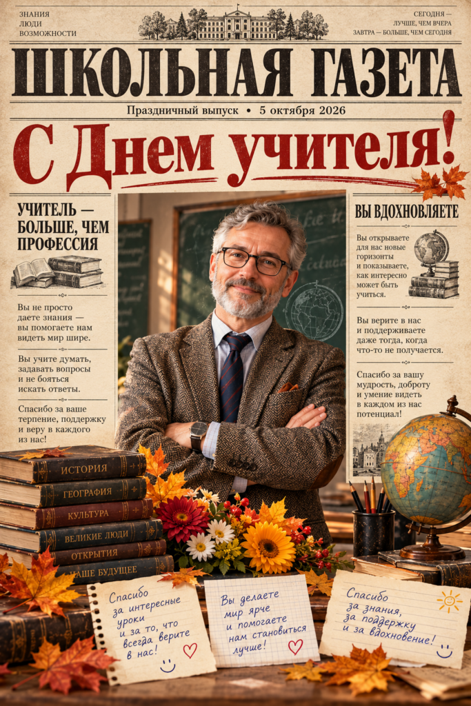 Портрет улыбающегося учителя в классной комнате с книгами, школьным глобусом и цветами в осеннем декоре.